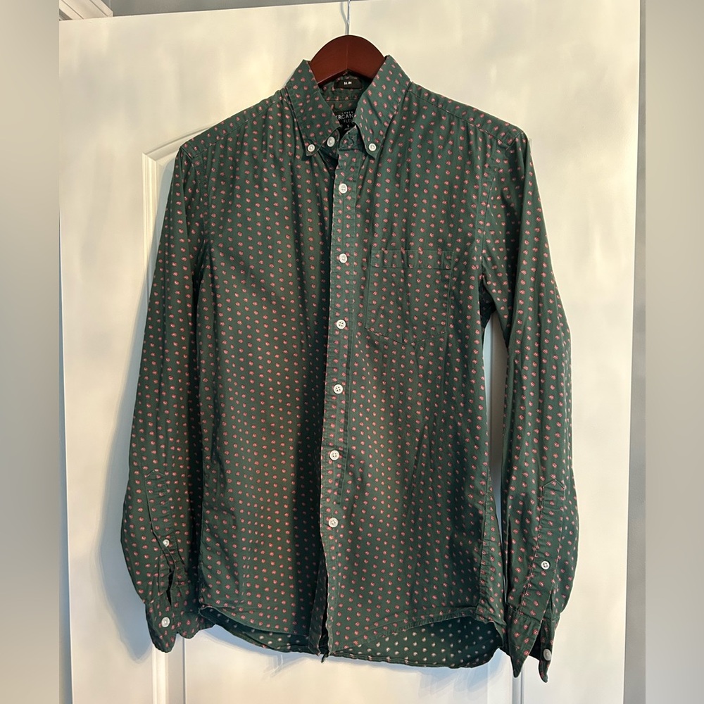 J. Crew Green Shirt with Red Pattern
